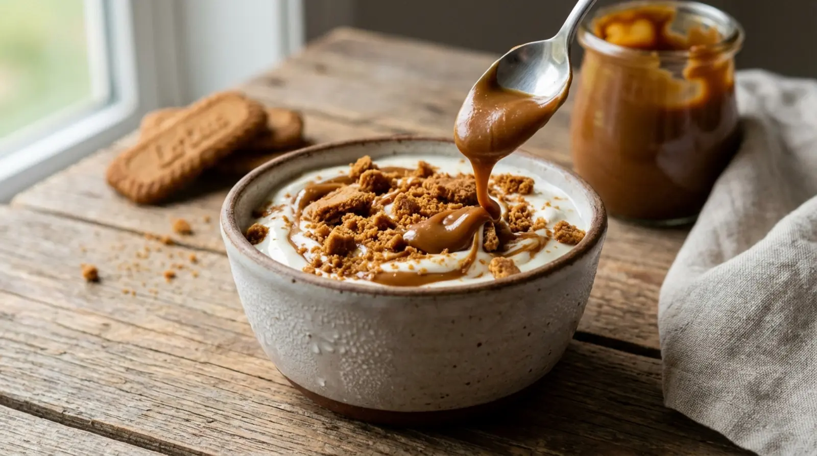 Iogurte com Biscoff ou doce de leite